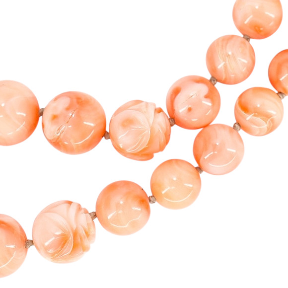 Salmon Pink Peach Momo Coral Necklace - New Strung w NOS Beads - 40g 18” - Picture 9 of 11